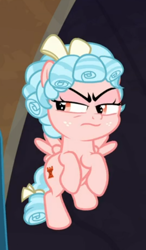 Size: 348x595 | Tagged: safe, screencap, character:cozy glow, character:queen chrysalis, species:pegasus, species:pony, episode:frenemies, g4, my little pony: friendship is magic, angry, bow, cozy glow is best facemaker, cozy glow is not amused, cozybetes, cropped, cute, female, filly, flying, foal, freckles, hair bow, solo focus, spread wings, tail bow, unamused, wings