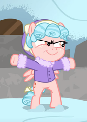 Size: 602x843 | Tagged: safe, screencap, character:cozy glow, species:pegasus, species:pony, episode:frenemies, g4, my little pony: friendship is magic, bipedal, clothing, cozy glow is best facemaker, cropped, evil grin, female, filly, foal, freckles, grin, smiling, sneaking, solo, t pose, winter outfit
