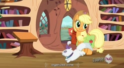 Size: 848x465 | Tagged: safe, screencap, character:applejack, character:opalescence, episode:just for sidekicks, g4, my little pony: friendship is magic, hub logo, youtube caption