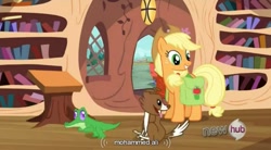 Size: 849x468 | Tagged: safe, screencap, character:applejack, character:gummy, character:winona, episode:just for sidekicks, g4, my little pony: friendship is magic, mohammed ali, youtube caption