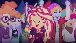 Size: 1920x1080 | Tagged: safe, screencap, character:drama letter, character:scribble dee, character:sunset shimmer, character:velvet sky, character:wallflower blush, character:watermelody, character:wiz kid, equestria girls:sunset's backstage pass, g4, my little pony:equestria girls, clothing, cute, eyes closed, fry lilac, geode of empathy, glasses, hat, hunter hedge, magical geodes, music festival outfit, shimmerbetes, smiling, snow flower, velvet sky, wiz kid