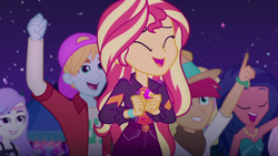 Size: 1920x1080 | Tagged: safe, screencap, character:desert sage, character:sunset shimmer, equestria girls:sunset's backstage pass, g4, my little pony:equestria girls, background human, desert sage, female, fry lilac, geode of empathy, hunter hedge, magical geodes, male, music festival outfit, snow flower