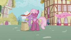 Size: 853x480 | Tagged: safe, screencap, character:cheerilee, character:spike, species:dragon, species:earth pony, species:pony, episode:secret of my excess, g4, my little pony: friendship is magic, clothing, duo, eyes closed, female, hat, hug, male, mare, paper bag, ponyville, smiling