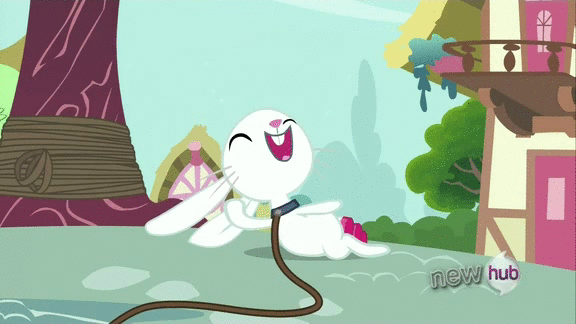 Size: 576x324 | Tagged: safe, screencap, character:angel bunny, episode:just for sidekicks, g4, my little pony: friendship is magic, angel is a bunny bastard, animated, hub logo, laughing