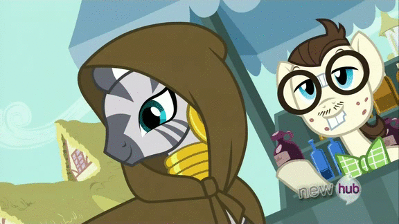 Size: 576x324 | Tagged: safe, screencap, character:gizmo, character:zecora, species:zebra, episode:just for sidekicks, g4, my little pony: friendship is magic, animated, glasses, hub logo