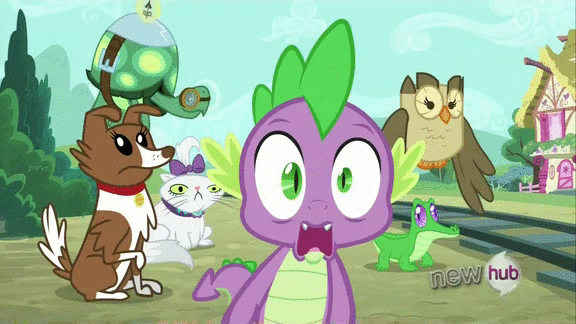 Size: 576x324 | Tagged: safe, screencap, character:gummy, character:opalescence, character:owlowiscious, character:spike, character:tank, character:winona, episode:just for sidekicks, g4, my little pony: friendship is magic, animated, hub logo