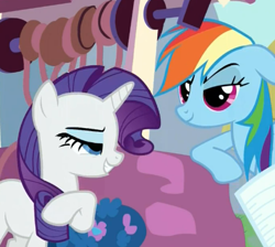 Size: 421x378 | Tagged: safe, screencap, character:rainbow dash, character:rarity, episode:just for sidekicks, g4, my little pony: friendship is magic, dreamworks face, lidded eyes, out of context