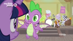 Size: 1920x1080 | Tagged: safe, screencap, character:dusty pages, character:mr. waddle, character:spike, character:twilight sparkle, character:twilight sparkle (alicorn), species:alicorn, species:dragon, species:pony, episode:the point of no return, g4, my little pony: friendship is magic, barrel, drums, guitar, musical instrument, trumpet, winged spike