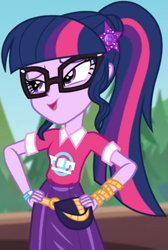 Size: 533x794 | Tagged: safe, screencap, character:twilight sparkle, character:twilight sparkle (scitwi), species:eqg human, equestria girls:sunset's backstage pass, g4, my little pony:equestria girls, clothing, collar, cropped, cute, female, forest, forest background, geode of telekinesis, glasses, hairclip, hands on hip, lidded eyes, logo, magical geodes, music festival outfit, ponytail, pouch, shirt, short sleeves, skirt, smiling