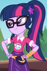 Size: 530x797 | Tagged: safe, screencap, character:twilight sparkle, character:twilight sparkle (scitwi), species:eqg human, equestria girls:sunset's backstage pass, g4, my little pony:equestria girls, clothing, collar, cropped, cute, female, forest, geode of fauna, glasses, hairclip, hands on hip, lidded eyes, logo, magical geodes, music festival outfit, ponytail, pouch, shirt, short sleeves, skirt, smiling, wrist wraps