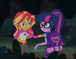 Size: 643x498 | Tagged: safe, screencap, character:sunset shimmer, character:twilight sparkle, character:twilight sparkle (scitwi), species:eqg human, equestria girls:legend of everfree, g4, my little pony:equestria girls, cropped, derp, duo, faec, funny face, great moments in animation, i've seen some shit