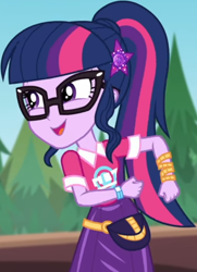 Size: 586x810 | Tagged: safe, screencap, character:twilight sparkle, character:twilight sparkle (scitwi), species:eqg human, equestria girls:sunset's backstage pass, g4, my little pony:equestria girls, clothing, collar, cropped, cute, female, forest, forest background, geode of telekinesis, glasses, hairclip, lidded eyes, logo, magical geodes, music festival outfit, ponytail, pouch, shirt, short sleeves, skirt, smiling, wrist wraps
