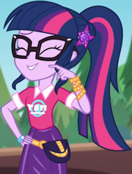 Size: 593x780 | Tagged: safe, screencap, character:twilight sparkle, character:twilight sparkle (scitwi), species:eqg human, equestria girls:sunset's backstage pass, g4, my little pony:equestria girls, clothing, collar, cropped, cute, eyes closed, female, forest, forest background, geode of telekinesis, glasses, hairclip, logo, magical geodes, music festival outfit, ponytail, pouch, shirt, short sleeves, skirt, smiling, twiabetes, wrist wraps