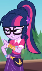 Size: 513x880 | Tagged: safe, screencap, character:twilight sparkle, character:twilight sparkle (scitwi), species:eqg human, equestria girls:sunset's backstage pass, g4, my little pony:equestria girls, clothing, collar, cropped, cute, female, forest, forest background, geode of telekinesis, glasses, hairclip, lidded eyes, logo, magical geodes, music festival outfit, pointing, ponytail, pouch, shirt, short sleeves, skirt, smiling, twiabetes, wrist wraps