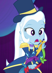 Size: 766x1080 | Tagged: safe, screencap, character:trixie, equestria girls:spring breakdown, g4, my little pony:equestria girls, clothing, cropped, hat, magic trick, solo, top hat