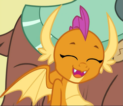 Size: 857x737 | Tagged: safe, screencap, character:smolder, character:yona, species:dragon, species:yak, episode:school daze, g4, my little pony: friendship is magic, cheerful, cropped, cute, dragoness, eyes closed, fangs, female, horns, laughing, offscreen character, open mouth, smiling, smolderbetes, solo focus, spread wings, wings