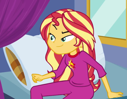 Size: 1379x1080 | Tagged: safe, screencap, character:sunset shimmer, equestria girls:sunset's backstage pass, g4, my little pony:equestria girls, bed, clothing, confident, cropped, determined, female, grin, pajamas, pillow, raised eyebrow, smiling, solo, window