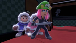Size: 1280x720 | Tagged: safe, artist:miss-aaliyah-rosado, screencap, character:fluttershy, species:human, my little pony:equestria girls, cap, clothing, crossover, hat, ice climbers, luigi's hat, mii, mii fighters, mii swordfighter, nana, nintendo, nintendo switch, popo, super smash bros., super smash bros. ultimate, sword, weapon