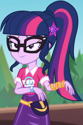 Size: 560x841 | Tagged: safe, screencap, character:twilight sparkle, character:twilight sparkle (scitwi), species:eqg human, equestria girls:sunset's backstage pass, g4, my little pony:equestria girls, clothing, collar, cropped, cute, female, forest, forest background, geode of telekinesis, glasses, hairclip, lidded eyes, logo, magical geodes, music festival outfit, ponytail, pouch, shirt, short sleeves, skirt, smiling, twiabetes, wrist wraps