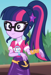 Size: 567x838 | Tagged: safe, screencap, character:twilight sparkle, character:twilight sparkle (scitwi), species:eqg human, equestria girls:sunset's backstage pass, g4, my little pony:equestria girls, clothing, collar, cropped, cute, female, forest, forest background, geode of telekinesis, glasses, hairclip, lidded eyes, logo, magical geodes, music festival outfit, ponytail, shirt, short sleeves, skirt, smiling, twiabetes, wrist wraps