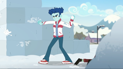 Size: 1280x720 | Tagged: safe, screencap, character:curly winds, equestria girls:holidays unwrapped, g4, my little pony:equestria girls, background human, clothing, curly winds, male, pants, shoes, sneakers, snow, snowball, some blue guy, waldo whereabout