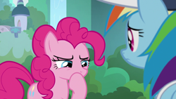 Size: 1920x1080 | Tagged: safe, screencap, character:pinkie pie, character:rainbow dash, species:earth pony, species:pegasus, species:pony, episode:2-4-6 greaaat, bush, cap, clothing, female, hat, hill, lidded eyes, looking down, thinking
