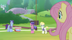 Size: 1920x1080 | Tagged: safe, screencap, character:berry blend, character:berry bliss, character:fluttershy, character:november rain, species:pegasus, species:pony, episode:2-4-6 greaaat, buckball field, female, friendship student, mare, open mouth, solo focus