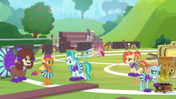 Size: 1920x1080 | Tagged: safe, screencap, character:ambrosia, character:fluttershy, character:lighthoof, character:ocellus, character:pinkie pie, character:rainbow dash, character:shimmy shake, character:smolder, character:yona, species:changedling, episode:2-4-6 greaaat, apple, apple tree, buckball field, cheerleader, cheerleader outfit, clothing, gramophone, hay bale, jack hammer, record, rivet, steam roller (character), tree