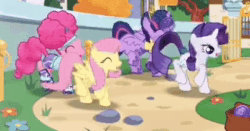 Size: 402x210 | Tagged: safe, gameloft, screencap, character:fluttershy, character:pinkie pie, character:rarity, character:twilight sparkle, character:twilight sparkle (alicorn), species:alicorn, species:pony, animated, dancing, fortnite, fortnite dance, fortnite default dance, game screencap, pinkie puffs, sound, webm