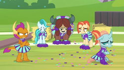 Size: 1920x1080 | Tagged: safe, screencap, character:lighthoof, character:ocellus, character:shimmy shake, character:smolder, character:yona, species:changedling, species:changeling, species:dragon, species:earth pony, species:pony, species:reformed changeling, species:yak, episode:2-4-6 greaaat, angry, buckball field, cheerleader, cheerleader ocellus, cheerleader outfit, cheerleader smolder, cheerleader yona, claws, clothing, confetti, crossed arms, curved horn, dragoness, embarrassed, failure, female, hay bale, horn, horns, looking down, looking sideways, monkey swings, pleated skirt, pom pom, sad, sitting, skirt, smolder is not amused, teenaged dragon, teenager, unamused