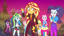 Size: 1920x1080 | Tagged: safe, screencap, character:applejack, character:fluttershy, character:pinkie pie, character:rainbow dash, character:rarity, character:sunset shimmer, character:twilight sparkle, character:twilight sparkle (scitwi), species:eqg human, equestria girls:sunset's backstage pass, g4, my little pony:equestria girls, geode of empathy, geode of shielding, geode of sugar bombs, geode of super speed, humane five, humane seven, humane six, magical geodes, music festival outfit