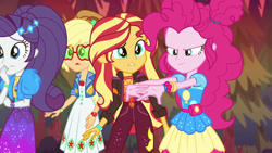 Size: 1920x1080 | Tagged: safe, screencap, character:applejack, character:pinkie pie, character:rarity, character:sunset shimmer, equestria girls:sunset's backstage pass, g4, my little pony:equestria girls, music festival outfit