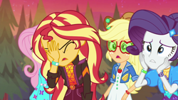 Size: 1920x1080 | Tagged: safe, screencap, character:applejack, character:fluttershy, character:rarity, character:sunset shimmer, equestria girls:sunset's backstage pass, g4, my little pony:equestria girls, facepalm, geode of empathy, geode of shielding, geode of super strength, magical geodes, music festival outfit