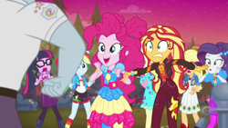 Size: 1920x1080 | Tagged: safe, screencap, character:applejack, character:fluttershy, character:pinkie pie, character:rainbow dash, character:rarity, character:sunset shimmer, character:twilight sparkle, character:twilight sparkle (scitwi), species:eqg human, equestria girls:sunset's backstage pass, g4, my little pony:equestria girls, geode of empathy, geode of shielding, geode of sugar bombs, humane five, humane seven, humane six, magical geodes, max steele, music festival outfit