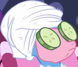 Size: 752x646 | Tagged: safe, screencap, character:trixie, episode:no second prances, g4, my little pony: friendship is magic, cropped, cucumber, food, mud mask, spa, towel on head