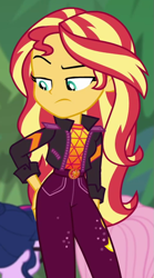 Size: 501x903 | Tagged: safe, screencap, character:fluttershy, character:sunset shimmer, character:twilight sparkle, character:twilight sparkle (scitwi), species:eqg human, equestria girls:sunset's backstage pass, g4, my little pony:equestria girls, butt rub, butt touch, cropped, geode of empathy, hand on butt, literal butthurt, magical geodes, music festival outfit
