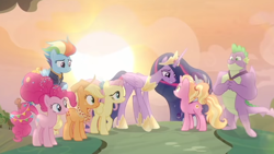 Size: 720x405 | Tagged: safe, screencap, character:applejack, character:fluttershy, character:luster dawn, character:pinkie pie, character:rainbow dash, character:rarity, character:spike, character:twilight sparkle, character:twilight sparkle (alicorn), species:alicorn, species:earth pony, species:pegasus, species:pony, species:unicorn, episode:the last problem, g4, my little pony: friendship is magic, gigachad spike, horn, looking at each other, mane seven, mane six, needs more jpeg, older, older applejack, older fluttershy, older mane seven, older mane six, older pinkie pie, older rainbow dash, older rarity, older spike, older twilight, princess twilight 2.0, raised hoof, wings
