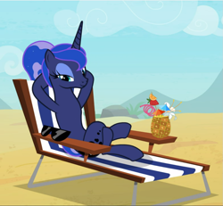 Size: 1017x940 | Tagged: safe, screencap, character:princess luna, species:alicorn, species:pony, episode:between dark and dawn, g4, my little pony: friendship is magic, alternate hairstyle, beach, beautiful, chair, coconut drink, cropped, crossed hooves, crossed legs, eyeshadow, female, hair bun, hooves behind head, lidded eyes, looking at you, makeup, mare, pleased, reclining, relaxing, sexy, smiling, solo, stupid sexy princess luna, sunglasses, vacation, we don't normally wear clothes