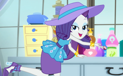 Size: 1401x862 | Tagged: safe, screencap, character:rarity, episode:camping must-haves, g4, my little pony:equestria girls, beautiful, bracelet, clothing, cosmetics, cropped, cute, dresser, eyeshadow, female, geode of shielding, hat, high heels, jewelry, lidded eyes, looking at you, lotion, magical geodes, makeup, open mouth, pencil skirt, raribetes, rarity's bedroom, shoes, skirt, smiling, solo, window