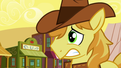 Size: 1280x720 | Tagged: safe, screencap, character:braeburn, episode:over a barrel, g4, my little pony: friendship is magic, appleloosa, faec, nervous, solo