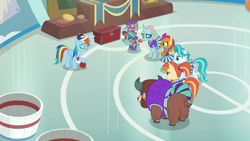 Size: 1920x1080 | Tagged: safe, screencap, character:lighthoof, character:ocellus, character:rainbow dash, character:shimmy shake, character:smolder, character:snips, character:yona, species:changedling, species:changeling, species:dragon, species:earth pony, species:pegasus, species:pony, species:reformed changeling, species:yak, episode:2-4-6 greaaat, bow, cheerleader, clothing, cloven hooves, dragoness, female, hair bow, hat, monkey swings, top hat