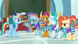 Size: 1280x720 | Tagged: safe, screencap, character:lighthoof, character:ocellus, character:rainbow dash, character:shimmy shake, character:smolder, character:snips, species:changedling, species:changeling, species:dragon, species:earth pony, species:pegasus, species:pony, species:reformed changeling, species:unicorn, episode:2-4-6 greaaat, angry, box, bucktooth, chalkboard, cheerleader, cheerleader ocellus, cheerleader outfit, cheerleader smolder, clothing, coach, coaching cap, colt, confused, crossed arms, curved horn, disgusted, displeased, dragoness, eyes closed, female, flag, folded wings, gym, horn, horns, lighthoof is not amused, male, mare, multicolored hair, ocellus is not amused, ponytail, raised hoof, sad, shimmy shake is not amused, sitting, skirt, smolder is not amused, spread wings, sweater, teenaged dragon, teenager, top hat, unamused, wall of tags, whistle necklace, wings, worried