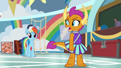 Size: 1920x1080 | Tagged: safe, screencap, character:rainbow dash, character:smolder, species:dragon, species:pegasus, species:pony, episode:2-4-6 greaaat, angry, betrayed, cheerleader, cheerleader outfit, cheerleader smolder, clenched fist, clothing, coach rainbow dash, coaching cap, coaching whistle, confused, cute, dragoness, duo, fangs, female, folded wings, glare, gym, horns, mare, open mouth, pleated skirt, rant, skirt, slit eyes, smolder is not amused, smolderbetes, teacher and student, teenaged dragon, teenager, toes, unamused, whistle, whistle necklace, wings, yelling