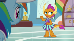 Size: 1920x1080 | Tagged: safe, screencap, character:rainbow dash, character:smolder, species:dragon, species:pegasus, species:pony, episode:2-4-6 greaaat, cheerleader, cheerleader outfit, cheerleader smolder, claws, clothing, coach rainbow dash, coaching cap, confused, cute, displeased, dragoness, duo, fangs, female, gym, horns, looking up, mare, open mouth, pleated skirt, raised arm, rant, skirt, smolder is not amused, smolderbetes, teacher and student, teenaged dragon, teenager, thinking, toes, trophy, unamused