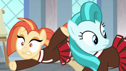 Size: 1920x1080 | Tagged: safe, screencap, character:lighthoof, character:shimmy shake, species:earth pony, species:pony, episode:2-4-6 greaaat, cheerleader, cheerleader outfit, classroom, clothing, duo, faec, falling, female, implied snips, looking back, window