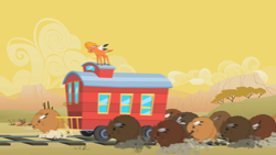 Size: 1280x720 | Tagged: safe, screencap, character:little strongheart, species:buffalo, episode:over a barrel, g4, my little pony: friendship is magic, caboose car, feather, female, motion blur, partly cloudy, running, train car