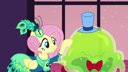 Size: 1920x1080 | Tagged: safe, screencap, character:fluttershy, character:smooze, species:pony, episode:make new friends but keep discord, g4, my little pony: friendship is magic, alternate hairstyle, bow tie, clothing, comforting, cute, dress, duo, element of kindness, female, flower, flower in hair, folded wings, gala dress, grand galloping gala, grin, hat, mare, raised hoof, shyabetes, smiling, sweet, top hat, upset, wings