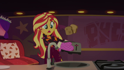 Size: 1920x1080 | Tagged: safe, screencap, character:sunset shimmer, equestria girls:sunset's backstage pass, g4, my little pony:equestria girls, bread, food, solo, toast, toaster