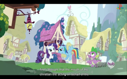Size: 1024x640 | Tagged: safe, screencap, character:rainbow dash, character:rarity, character:spike, episode:just for sidekicks, g4, my little pony: friendship is magic, youtube caption