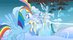 Size: 2048x1139 | Tagged: safe, screencap, character:rainbow dash, species:pegasus, species:pony, episode:school raze, g4, my little pony: friendship is magic, cloud, cloudsdale, female, flying, lightning, mare, needs more jpeg, scattered thunderstorms, solo, weather factory, wings